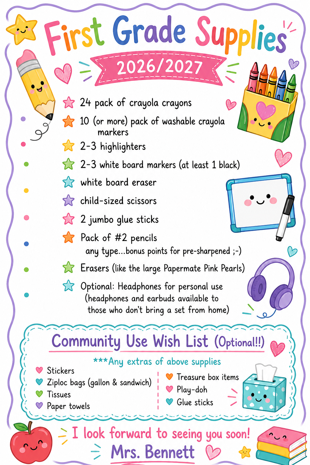 1st Grade Supply List - Mrs. Bennett